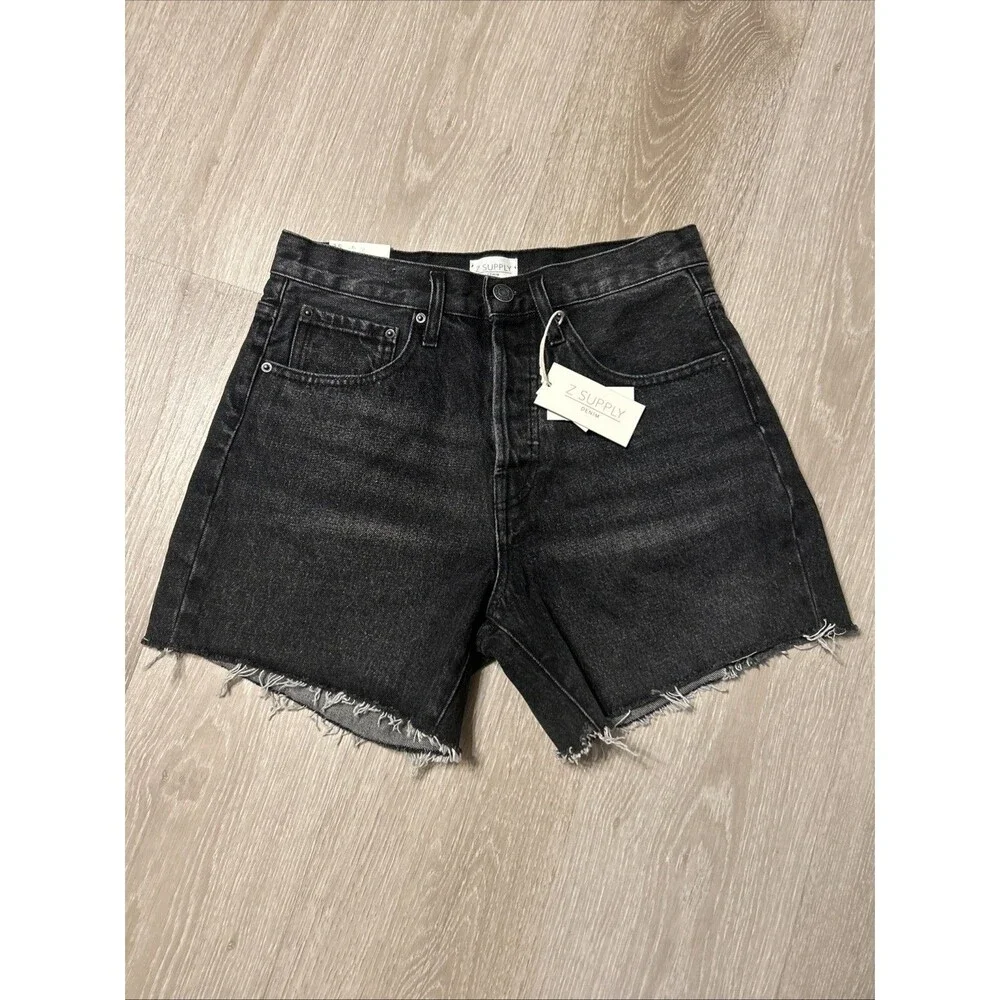 Z Supply NWT Everyday Hi Rise Black Denim Raw Hem Shorts - 4in Inseam - Sz 25